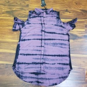 Rock & Republic NWT Womens Purple Black Tie-Dye Open Shoulder Blouse Size M